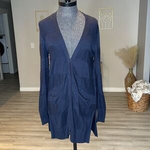 CAbi Classic Snap Long Cardigan Sweater Size S Navy Blue Open Front Knit